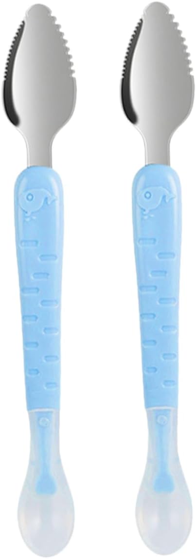 2pcs Stainless Steel Fruit Puree Scraper Spoon Set for Babies Soft Silicone Dual-Headed Design for Making Baby Food and Desserts