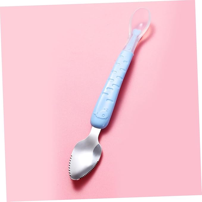 2pcs Stainless Steel Fruit Puree Scraper Spoon Set for Babies Soft Silicone Dual-Headed Design for Making Baby Food and Desserts