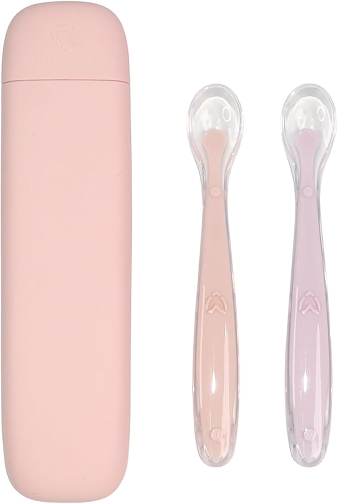 Silicone Baby Feeding Spoons with Storage Box, First Stage Infant Soft-Tip Easy on Gums I Training Spoon Self | Utensils Supplies (Pink)