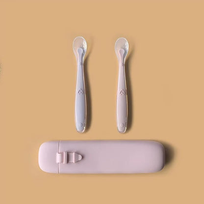 Silicone Baby Feeding Spoons with Storage Box, First Stage Infant Soft-Tip Easy on Gums I Training Spoon Self | Utensils Supplies (Pink)