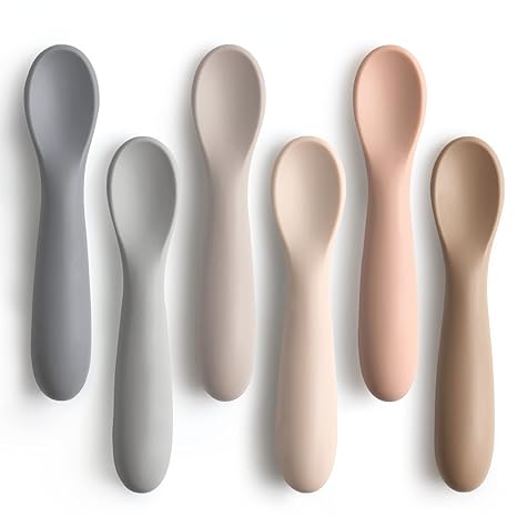 6 Pack Baby Spoons, Shorter Length for Self Feeding, First Stage Spoons, Food Grade Silicone, 6+ Months, Baby Training Spoons, Dishwasher Safe & Boil-proof