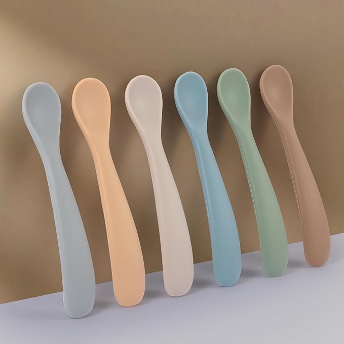 6 Pack First Stage Silicone Feeding Spoons, Soft Tip Feeding Baby Utensils, Baby Led Weaning Supplies Training Spoons, Dishwasher and Boil Safe