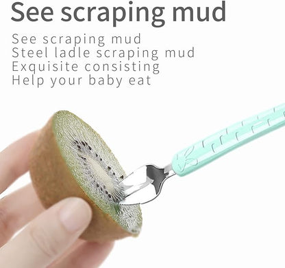 Double Head Baby Silicone Food Spoon (Green) - Fruit Scraping Mud Spoon, Feeding and Training Utensil for Infants, Baby Led Weaning Supplies