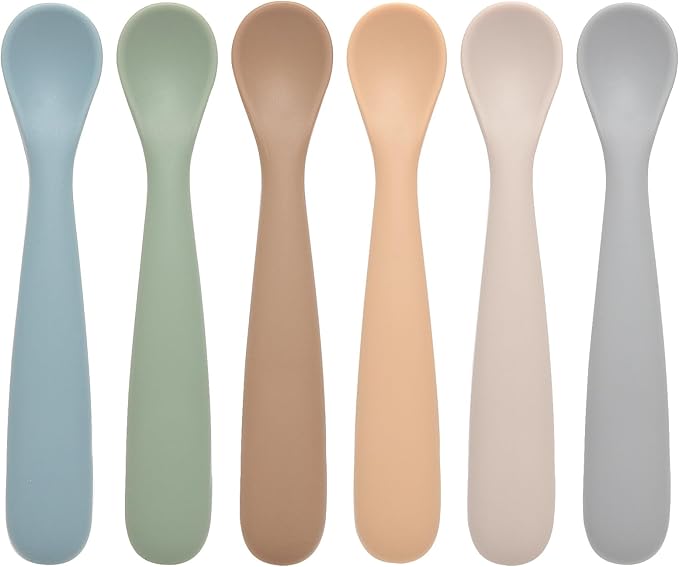 6 Pack First Stage Silicone Feeding Spoons, Soft Tip Feeding Baby Utensils, Baby Led Weaning Supplies Training Spoons, Dishwasher and Boil Safe