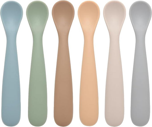 6 Pack First Stage Silicone Feeding Spoons, Soft Tip Feeding Baby Utensils, Baby Led Weaning Supplies Training Spoons, Dishwasher and Boil Safe