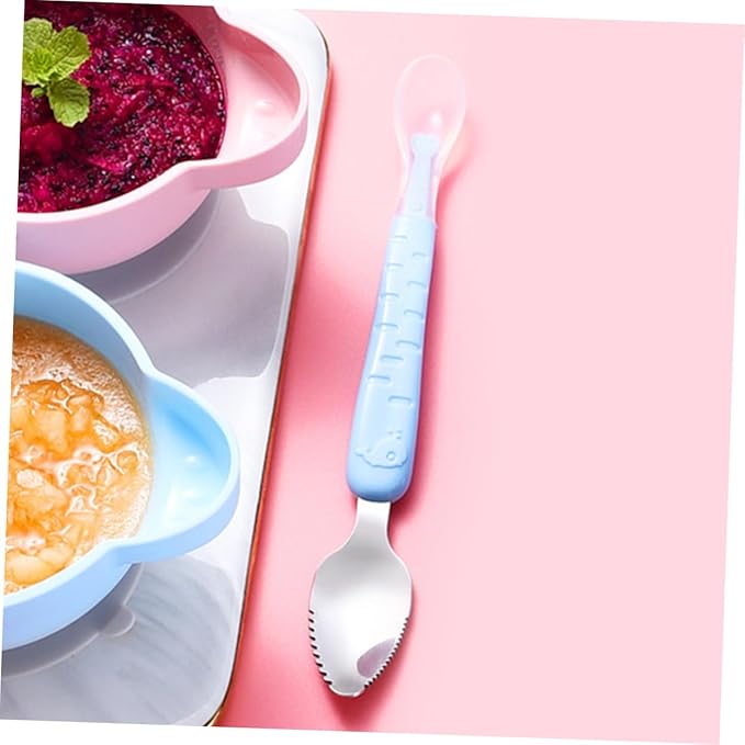 2pcs Stainless Steel Fruit Puree Scraper Spoon Set for Babies Soft Silicone Dual-Headed Design for Making Baby Food and Desserts