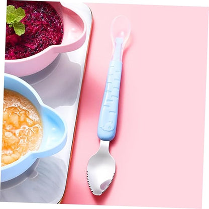 2pcs Stainless Steel Fruit Puree Scraper Spoon Set for Babies Soft Silicone Dual-Headed Design for Making Baby Food and Desserts