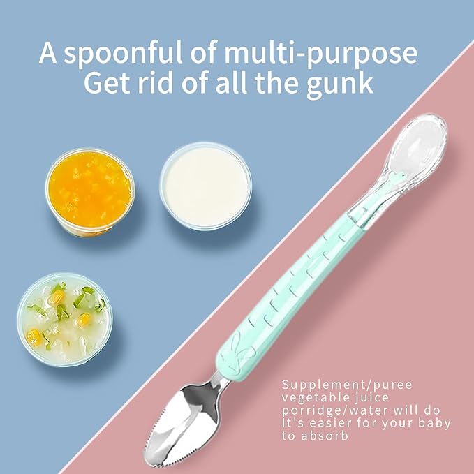 Double Head Baby Silicone Food Spoon (Green) - Fruit Scraping Mud Spoon, Feeding and Training Utensil for Infants, Baby Led Weaning Supplies