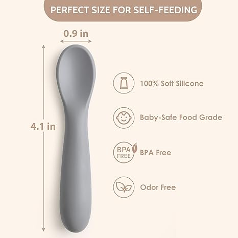 6 Pack Baby Spoons, Shorter Length for Self Feeding, First Stage Spoons, Food Grade Silicone, 6+ Months, Baby Training Spoons, Dishwasher Safe & Boil-proof