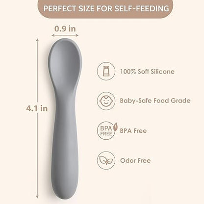 6 Pack Baby Spoons, Shorter Length for Self Feeding, First Stage Spoons, Food Grade Silicone, 6+ Months, Baby Training Spoons, Dishwasher Safe & Boil-proof