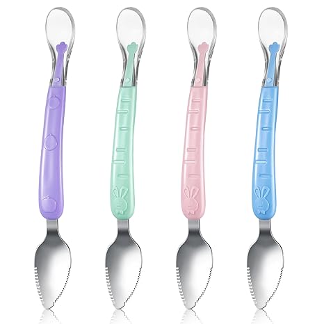 4 Pcs Double Head Baby Silicone Food Spoon Baby Fruit Scraping Mud Spoon Soft Feeding Food Scraper for Infants Fruit Feeding (Multicolor)