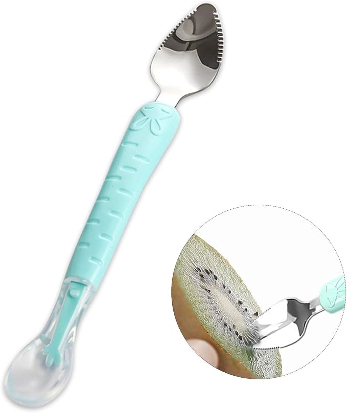 Double Head Baby Silicone Food Spoon (Green) - Fruit Scraping Mud Spoon, Feeding and Training Utensil for Infants, Baby Led Weaning Supplies