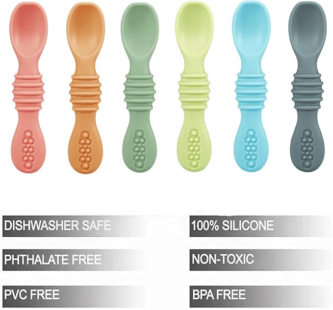 6 Pack Silicone Baby Spoons - Self Feeding Utensils 6-12 Months - Infant Spoons First Stage - Baby Feeding Essentials