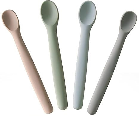Silicone Baby Spoons Set of 4, Feeding Spoon for First Stage 4+ Months, Baby Utensils with Case, Toddler Led Weaning Spoons, Bendable, Chewproof & Boil-proof