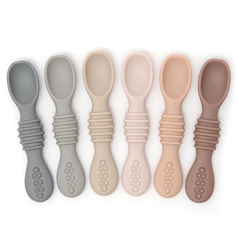Silicone Chew Spoon 6-Piece Set | First Stage Feeding Spoons | Baby Led Weaning Supplies | BPA Free | Dishwasher and Boil Safe | Neutral Palette
