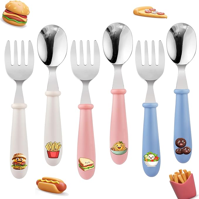 6PCS Toddler Kids Utensils Silverware,  Stainless Steel Toddler Baby Forks and Spoons, BPA Free, Dishwasher Safe (Food-Themed Design)