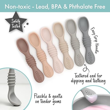 Silicone Chew Spoon 6-Piece Set | First Stage Feeding Spoons | Baby Led Weaning Supplies | BPA Free | Dishwasher and Boil Safe | Neutral Palette