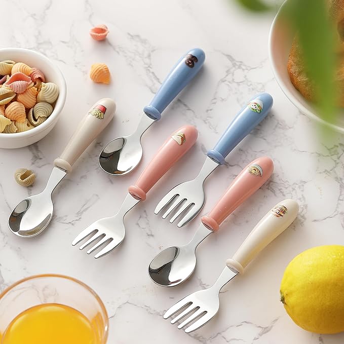 6PCS Toddler Kids Utensils Silverware,  Stainless Steel Toddler Baby Forks and Spoons, BPA Free, Dishwasher Safe (Food-Themed Design)