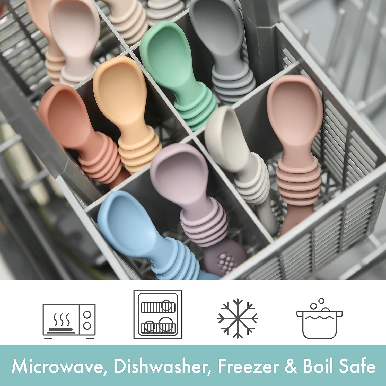 Silicone Chew Spoon 6-Piece Set | First Stage Feeding Spoons | Baby Led Weaning Supplies | BPA Free | Dishwasher and Boil Safe | Neutral Palette