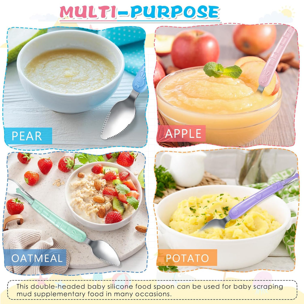 4 Pcs Double Head Baby Silicone Food Spoon Baby Fruit Scraping Mud Spoon Soft Feeding Food Scraper for Infants Fruit Feeding (Multicolor)