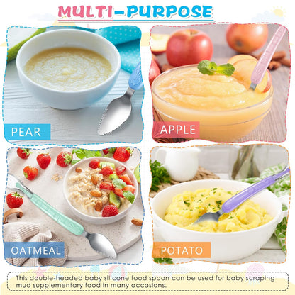4 Pcs Double Head Baby Silicone Food Spoon Baby Fruit Scraping Mud Spoon Soft Feeding Food Scraper for Infants Fruit Feeding (Multicolor)