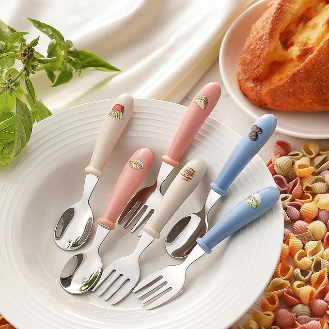 6PCS Toddler Kids Utensils Silverware,  Stainless Steel Toddler Baby Forks and Spoons, BPA Free, Dishwasher Safe (Food-Themed Design)