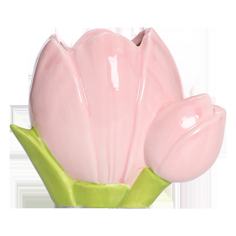 Creative Tulip Flower Pen Holder 2-Piece Set – Ceramic Floral Desk Organizer for Stationery, Makeup Brushes, and Home Decoration