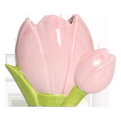 Creative Tulip Flower Pen Holder 2-Piece Set – Ceramic Floral Desk Organizer for Stationery, Makeup Brushes, and Home Decoration
