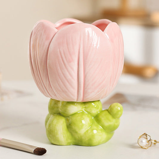 Creative Tulip Flower Pen Holder 2-Piece Set – Ceramic Floral Desk Organizer for Stationery, Makeup Brushes, and Home Decoration