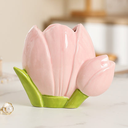 Creative Tulip Flower Pen Holder 2-Piece Set – Ceramic Floral Desk Organizer for Stationery, Makeup Brushes, and Home Decoration