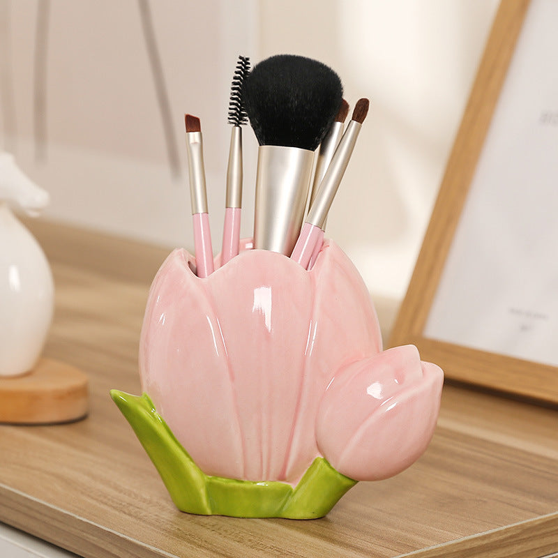 Creative Tulip Flower Pen Holder 2-Piece Set – Ceramic Floral Desk Organizer for Stationery, Makeup Brushes, and Home Decoration